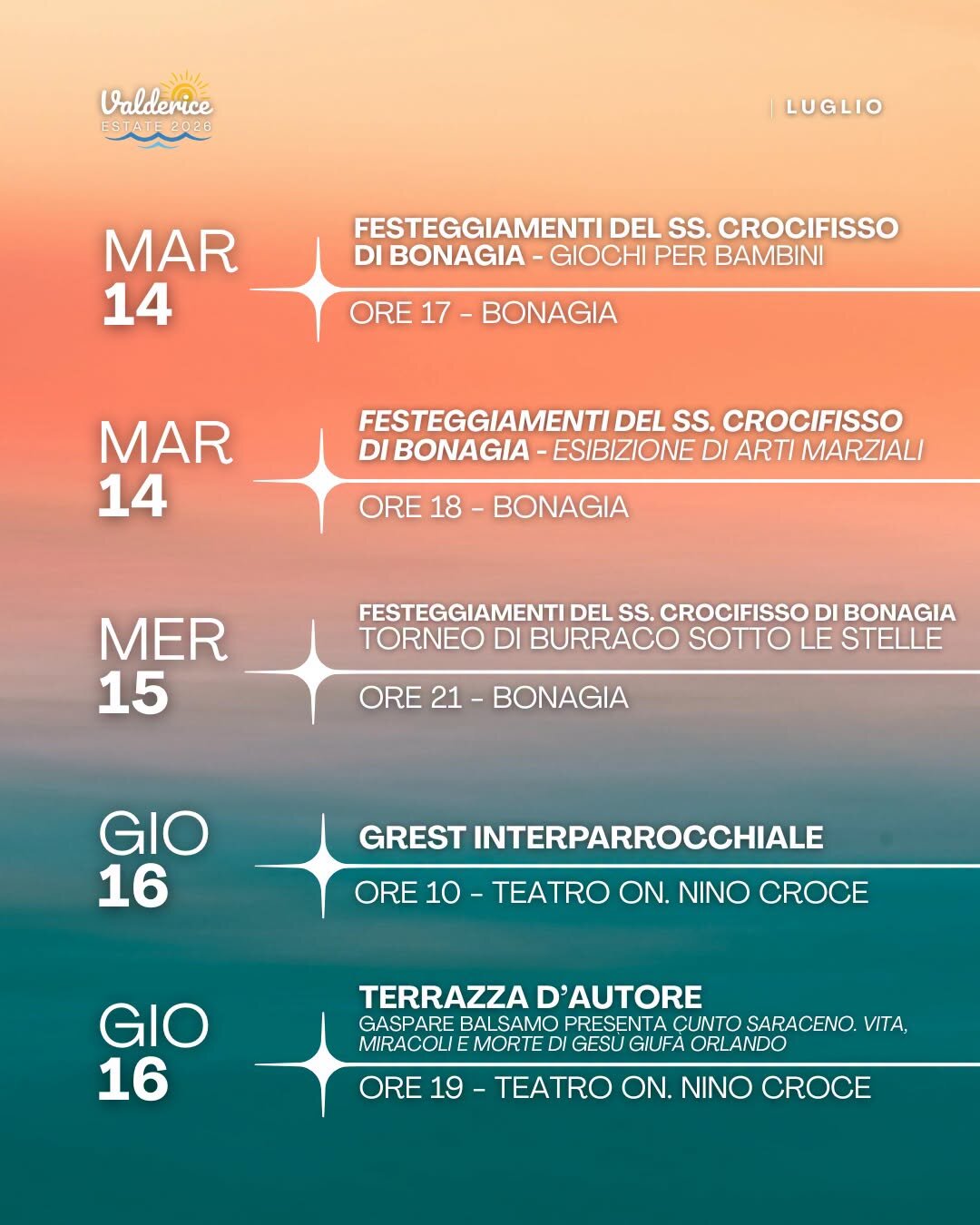 Valderice Estate 2026: Dal 10 Al 31 Luglio Un Ricco Calendario Di Eventi Tra Teatro, Libri, Musica E Tradizione