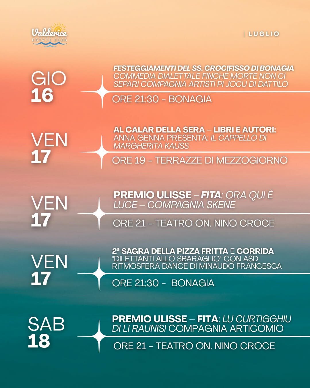Valderice Estate 2026: Dal 10 Al 31 Luglio Un Ricco Calendario Di Eventi Tra Teatro, Libri, Musica E Tradizione