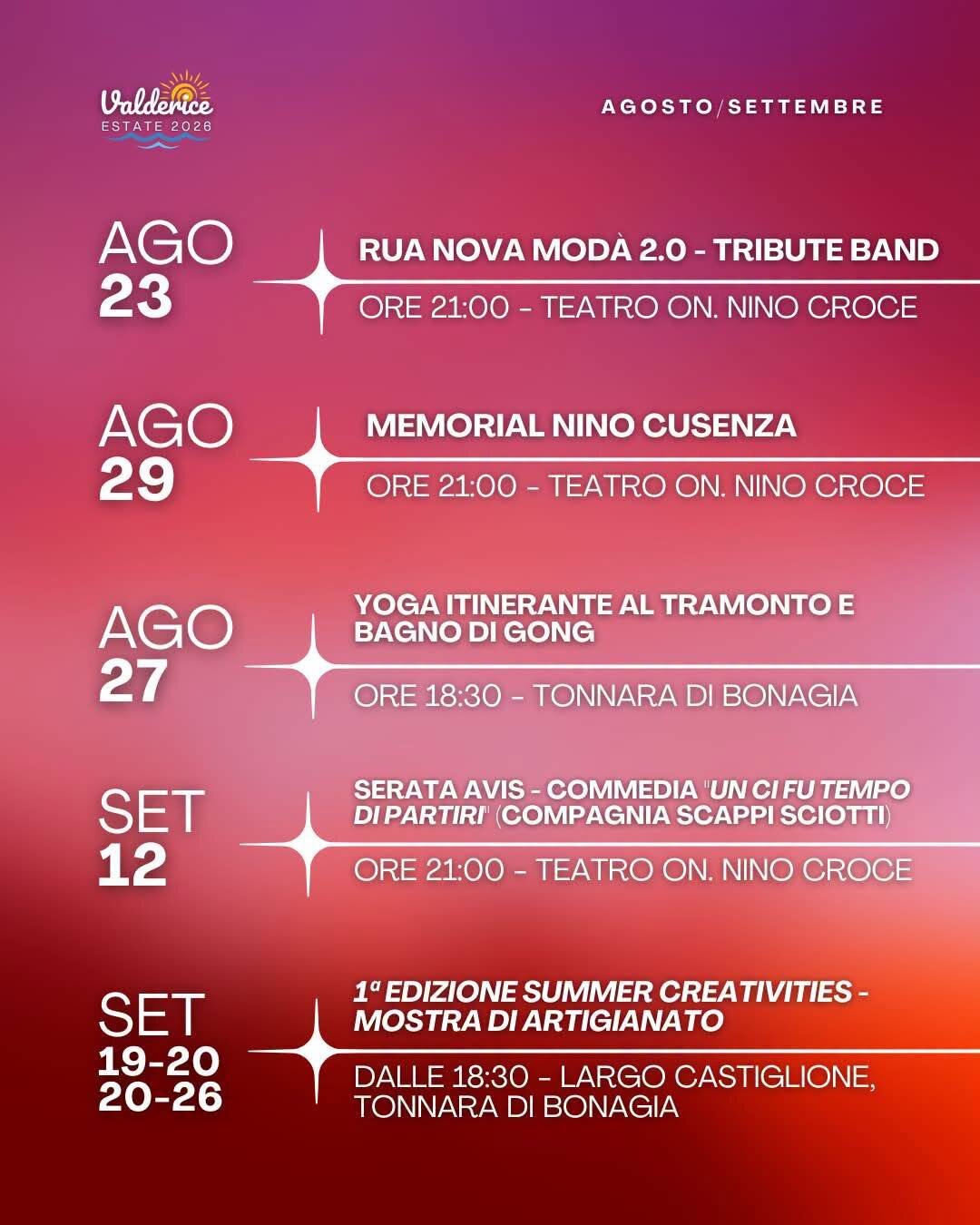 Valderice Estate 2026: Il Programma Completo Degli Eventi Dall'1 Agosto Al 12 Settembre